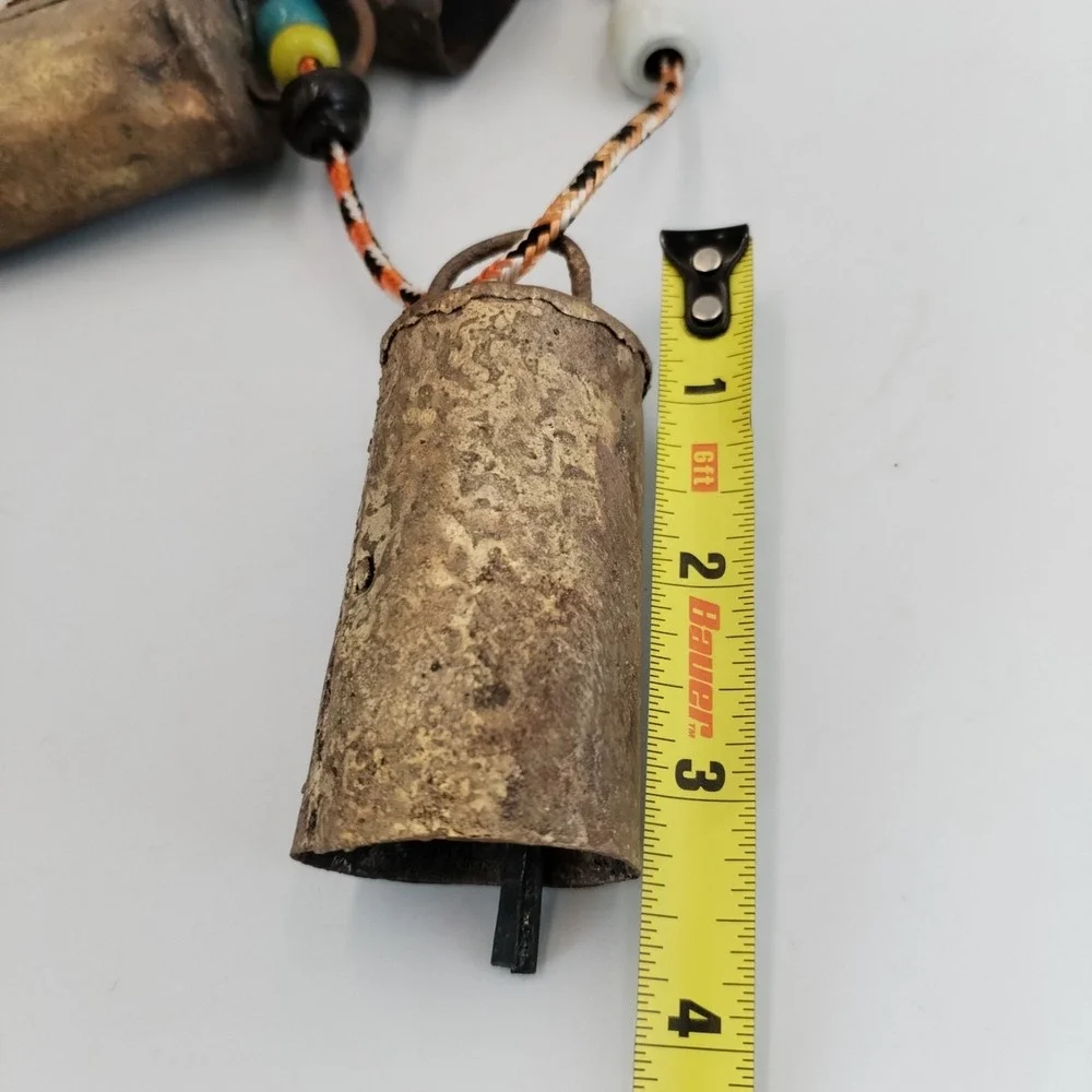 Vintage‎ Rustic Harmony Cow Bells Cluster Set of 3 Brass Iron Boho Hanging Cord